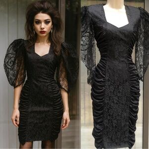 Vintage 1980s Black Lace Bodycon Dress Ruched Puff Sleeve Whimsigoth USA